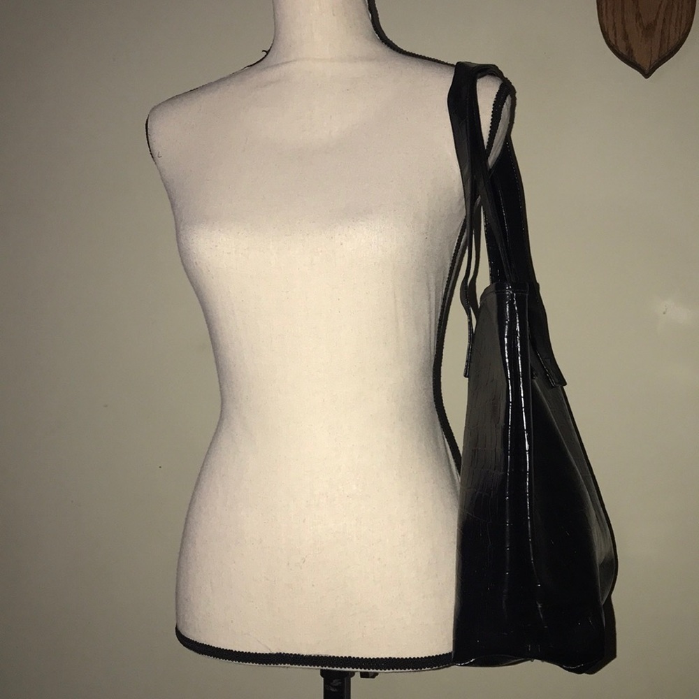 crocodile scale like print shoulder tote purse black medium large size - Picture 4 of 6